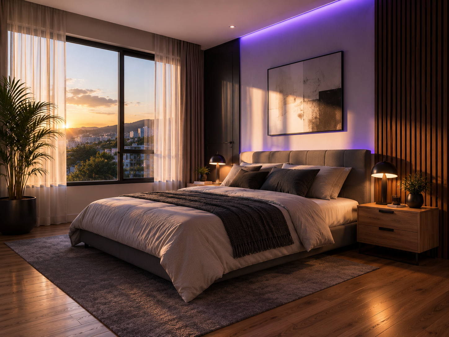 Habitación transformada con IA — madera premium