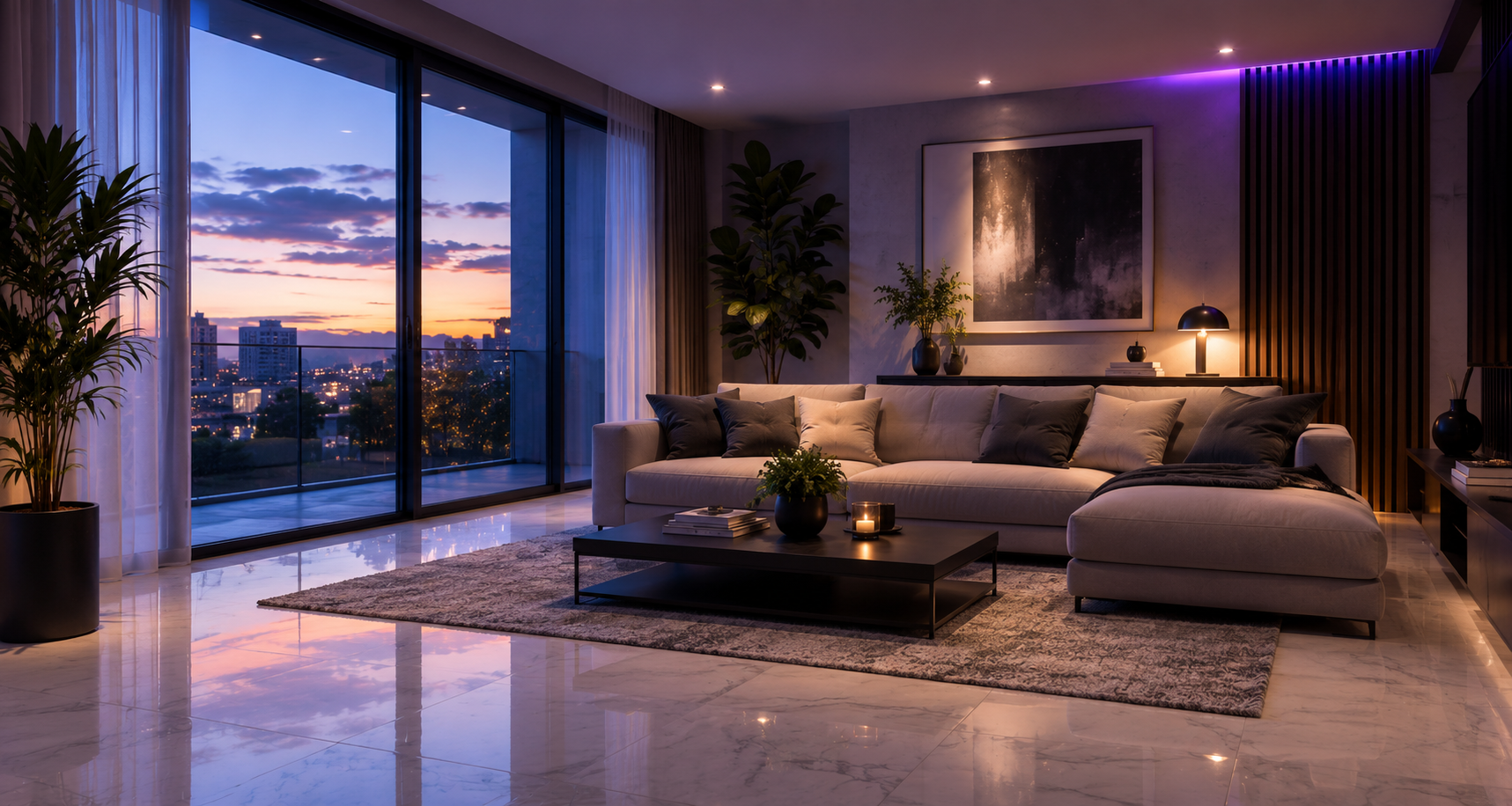 Sala transformada con IA — piso porcelanato
